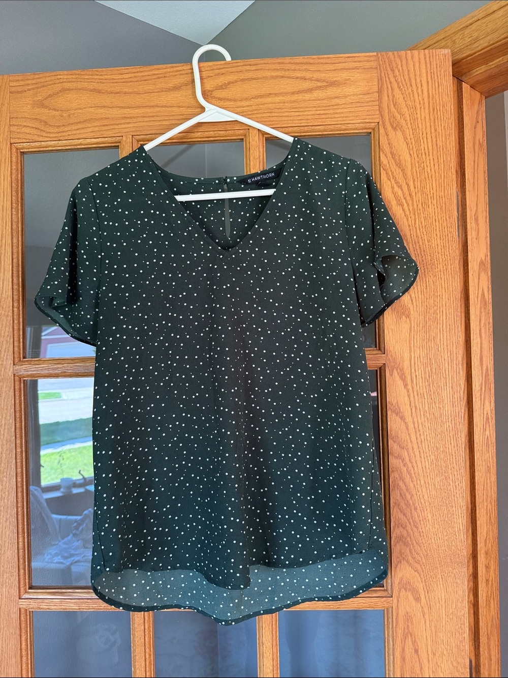 Stitch Fix 41 Hawthorn Dark Green Polka Dot V-Neck Blouse